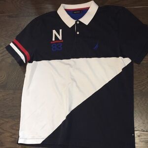 Nautica Sailing N 83 sewn Blue white red golf polo 4th of July shirt XXL(XL)